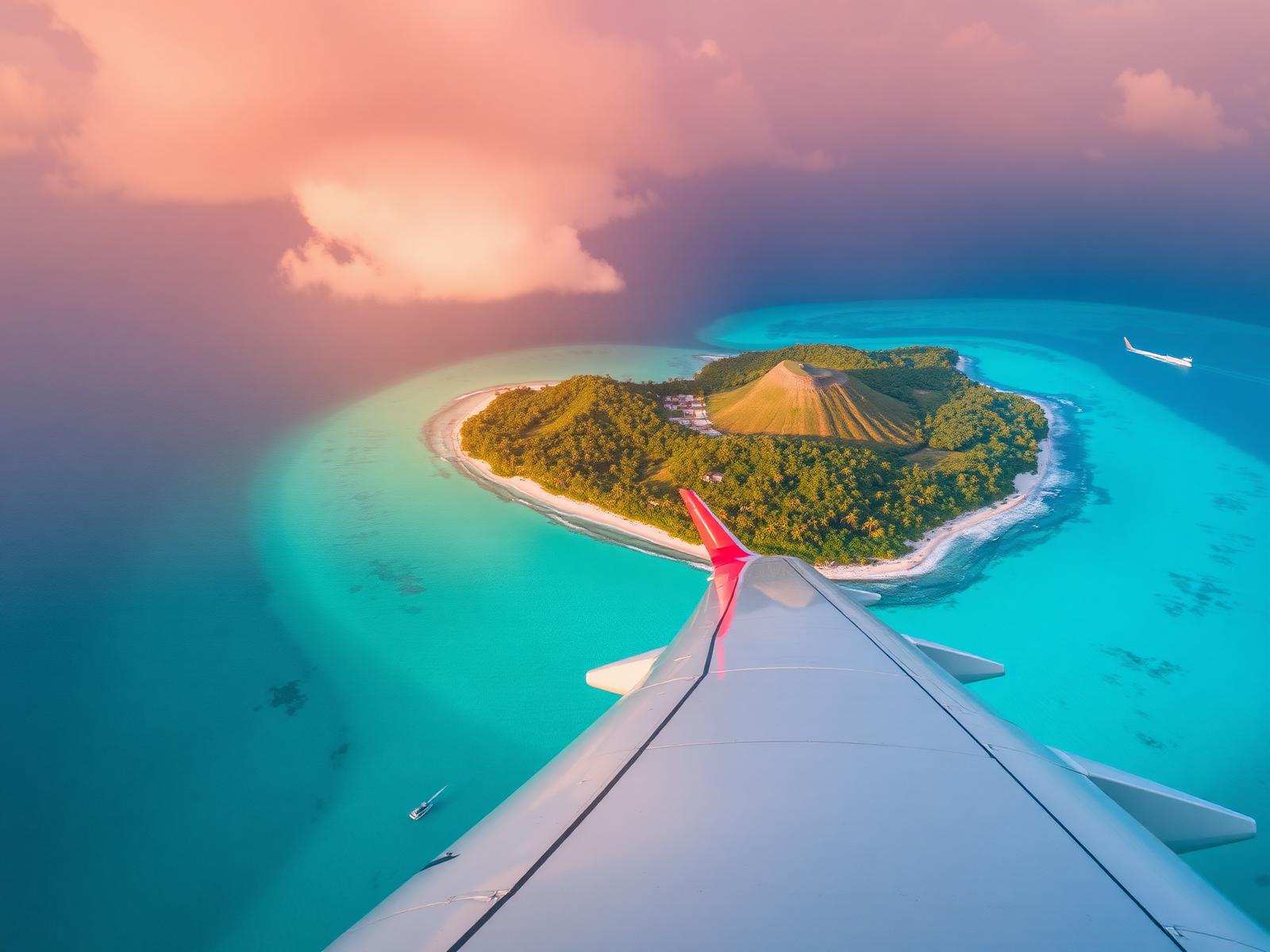 Aerial view of an airplane wing over a tropical island at sunset